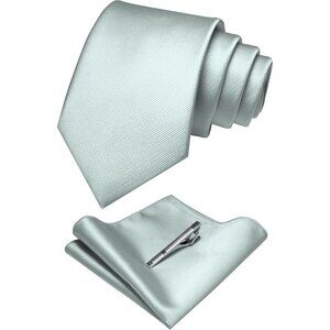Men's Silver 2 Colour Formal Necktie and Pocket Square Tie Clip Sets